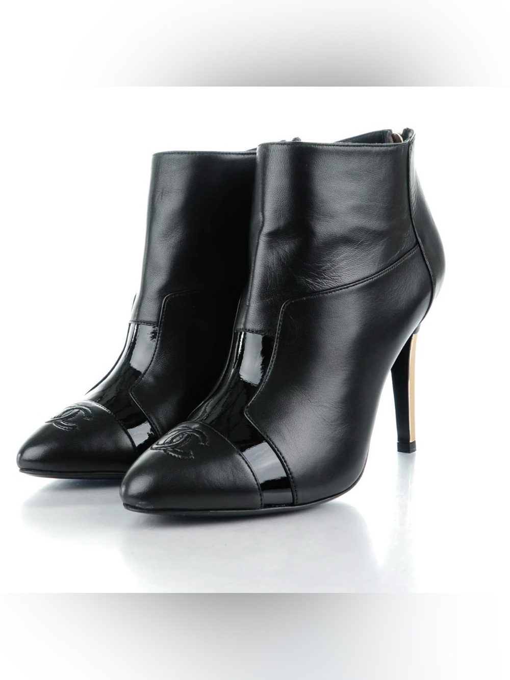 CHANEL Black Leather Ankle Bootie with Gold Heel